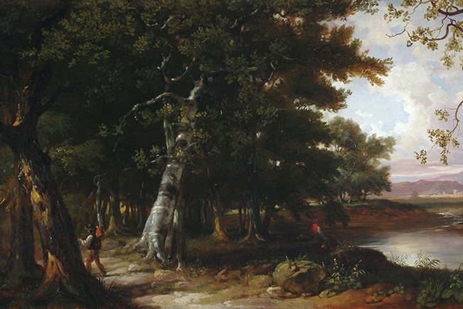  Daniel Huntington. Figures in a Wooded Landscape, 1867. Oil on canvas, 19½ x 40 in. (49.5 x 101.6 cm). Collection of the Ruth and Elmer Wellin Museum of Art at Hamilton College. Purchase, William G. Roehrick ’34 Art Acquisition and Preservation Fund. Image by John Bentham.